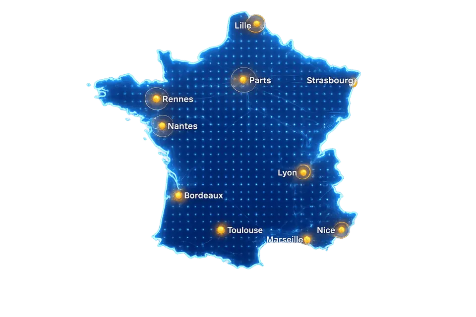 Carte des zones d'intervention en France pour une animation réalité virtuelle