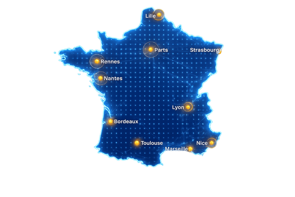 Carte des zones d'intervention en France pour une animation réalité virtuelle